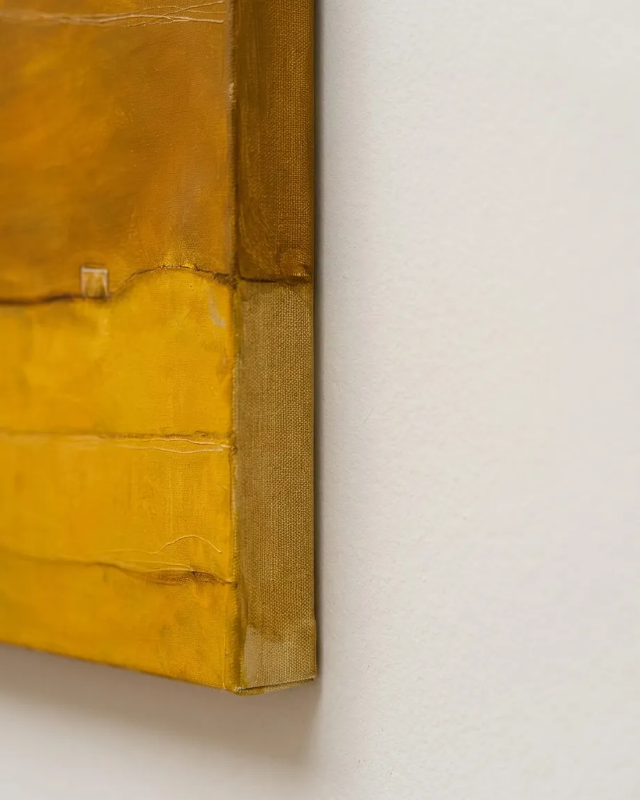 Primer plano detallado del lateral de la pintura QUINQUE, mostrando la textura del lienzo, los estratos de pintura amarilla y el canto texturado sin enmarcar.