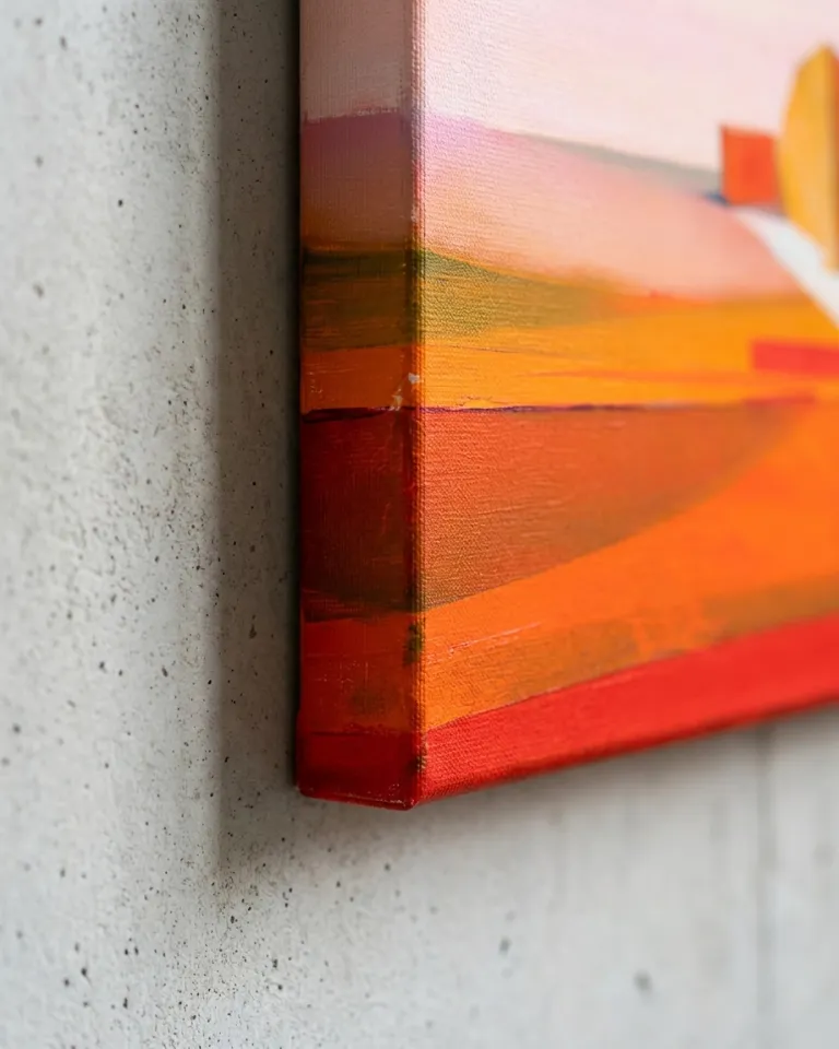 Close-up of the lower-left edge of a horizontal abstract painting on canvas, featuring warm colors (orange, yellow, red), mounted on a textured concrete wall. The painting's colors extend around the canvas edges, creating continuity with the main artwork.