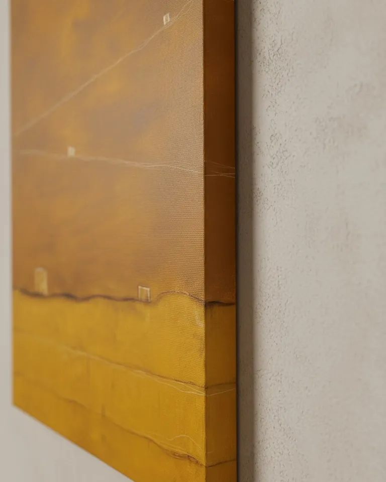 Close-up view of the lower right corner of the abstract painting "STRATA V — QUINQUE". The canvas, in ocher and yellow tones, shows visible textures and incised lines extending to the side edge. The side edge is painted, revealing the canvas thickness and casting a subtle shadow on the adjacent light gray textured wall.