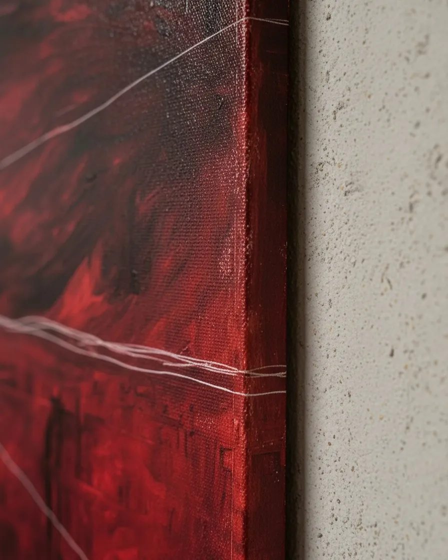 Close-up of a vertical abstract painting in deep red tones with white incised lines. The canvas edge is visible, showing the color extending along the side, and the artwork's material texture. The piece hangs on a rough concrete wall.