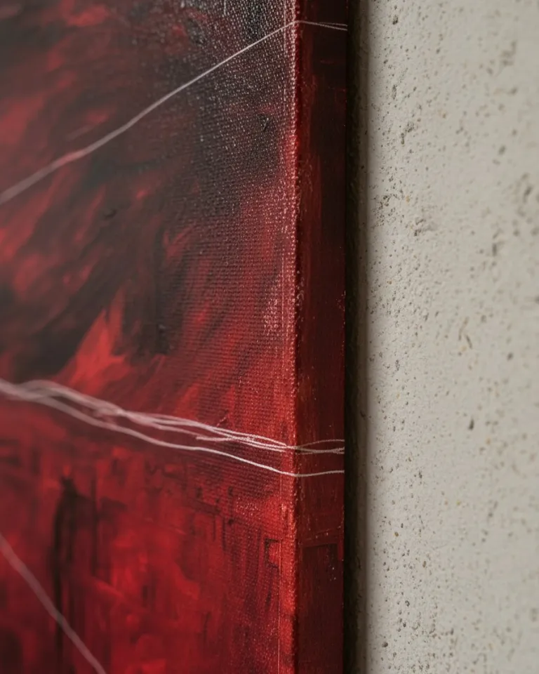 Close-up of a vertical abstract painting in deep red tones with white incised lines. The canvas edge is visible, showing the color extending along the side, and the artwork's material texture. The piece hangs on a rough concrete wall.