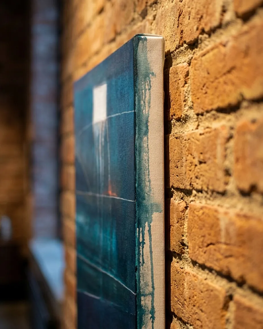 Detail of a vertical abstract painting by Maurizio Valch, focusing on the canvas edge. Dark tones of blue and green extend onto the unframed side, with visible paint drips. The artwork is installed against a terracotta exposed brick wall.