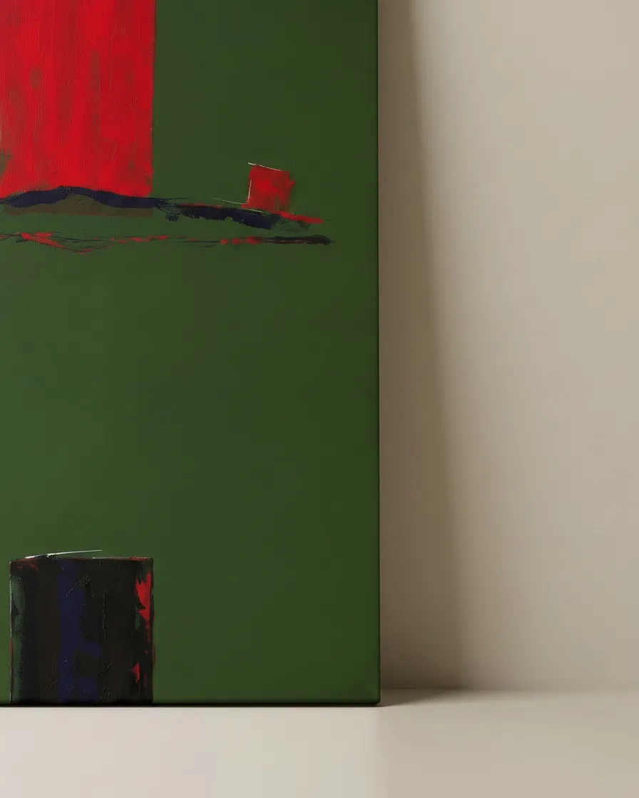 Primer plano del borde inferior y lateral de la pintura abstracta ASCENSUS, mostrando los bloques oscuros y las incisiones texturizadas sobre el lienzo verde.