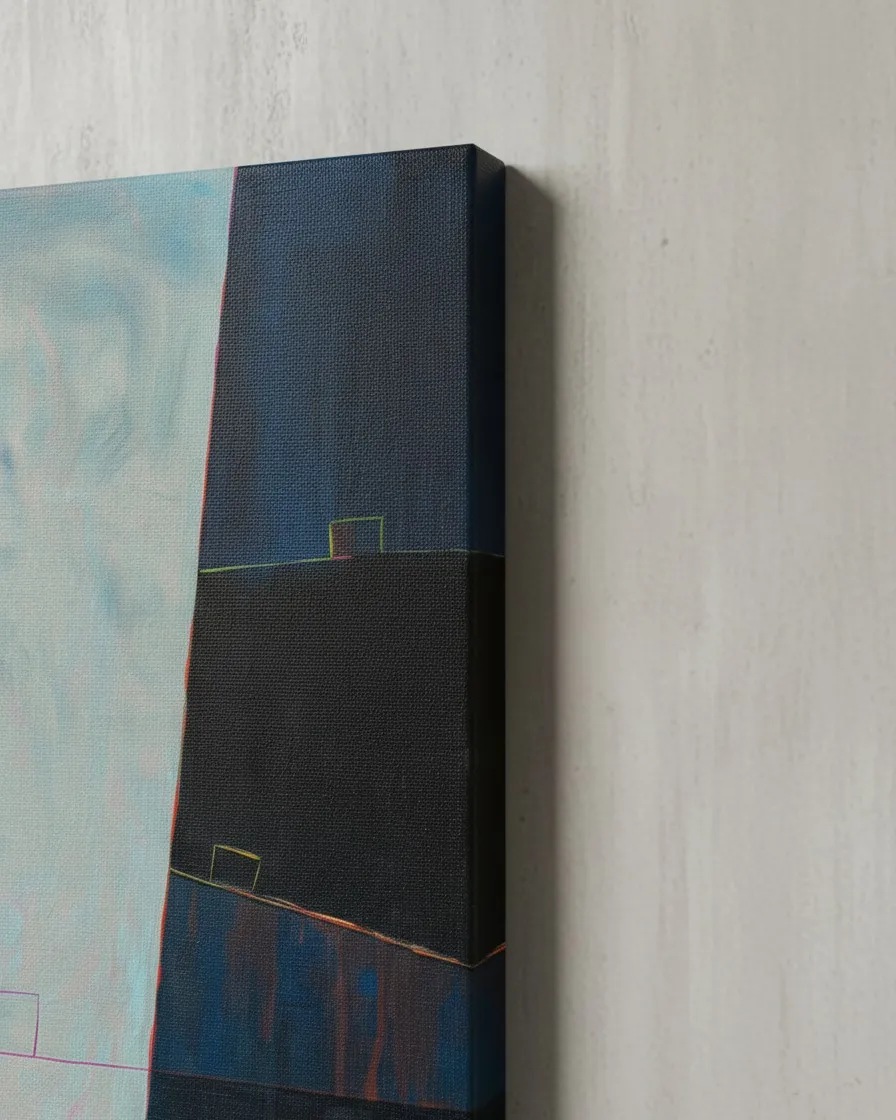 Close-up of the upper right edge of a vertical abstract painting. It shows a textured light blue field next to an almost black dark blue block. Fine incised lines in green and yellow tones traverse both surfaces, revealing the canvas texture.