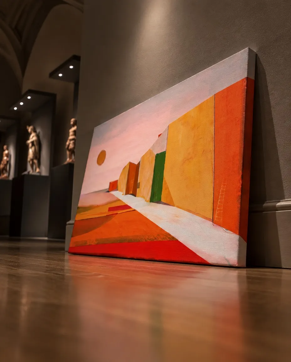 VIA SOLIS, de Maurizio Valch, apoyada junto a una pared en una sala de museo; una vía blanca atraviesa campos rojos, ocres, amarillos y verdes bajo un cielo rosa.