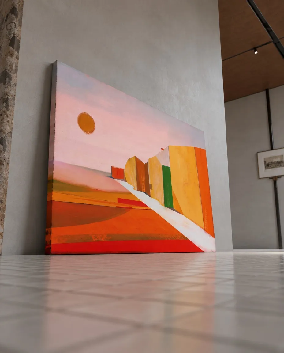 VIA SOLIS, pintura abstracta de Maurizio Valch, presentada en perspectiva baja junto a un muro gris; muestra una vía blanca entre planos rojos, amarillos y naranjas bajo un cielo rosado.