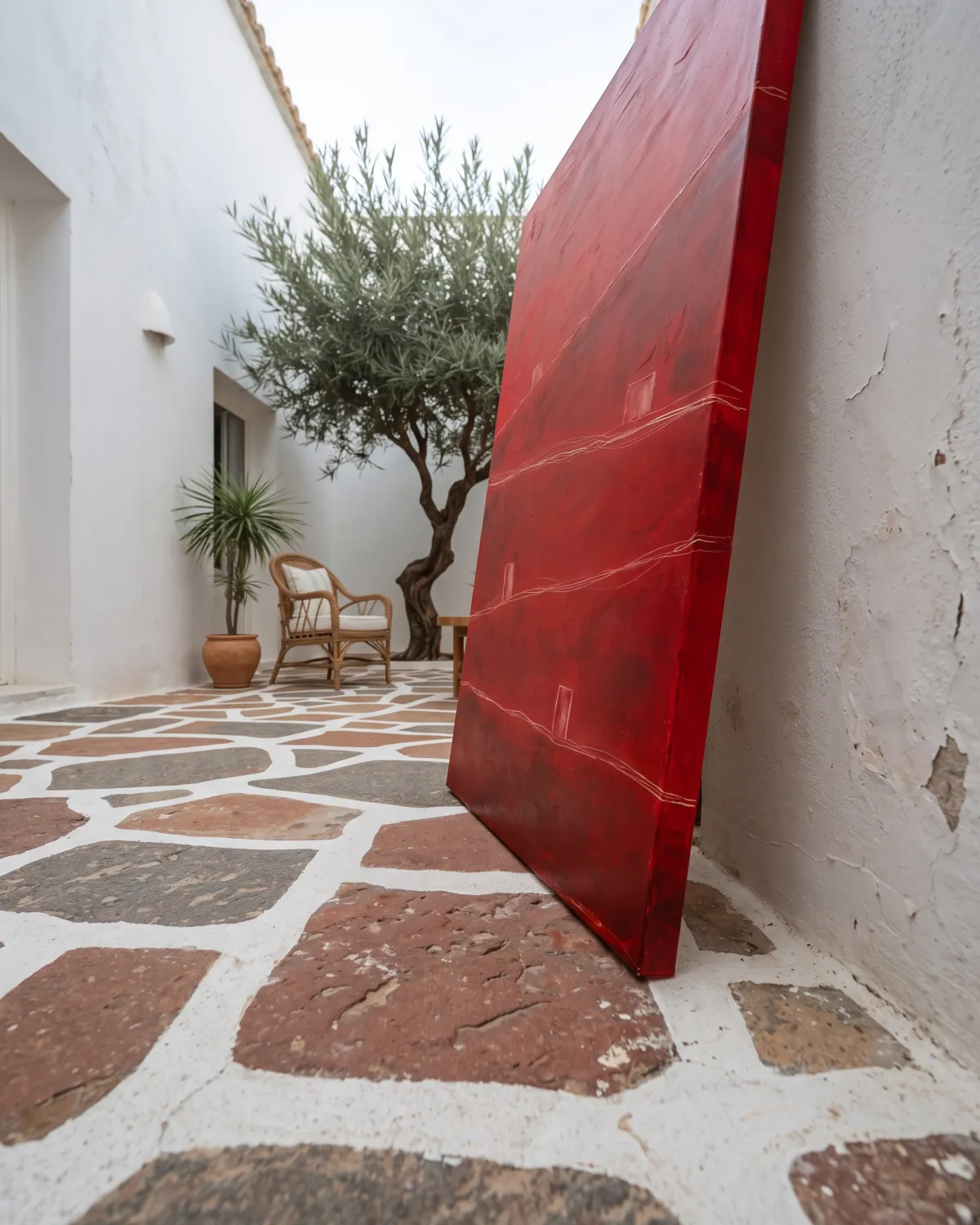 Pintura abstracta ATHAR de Maurizio Valch apoyada contra una pared blanca agrietada en un patio rústico de piedra con un olivo de fondo.