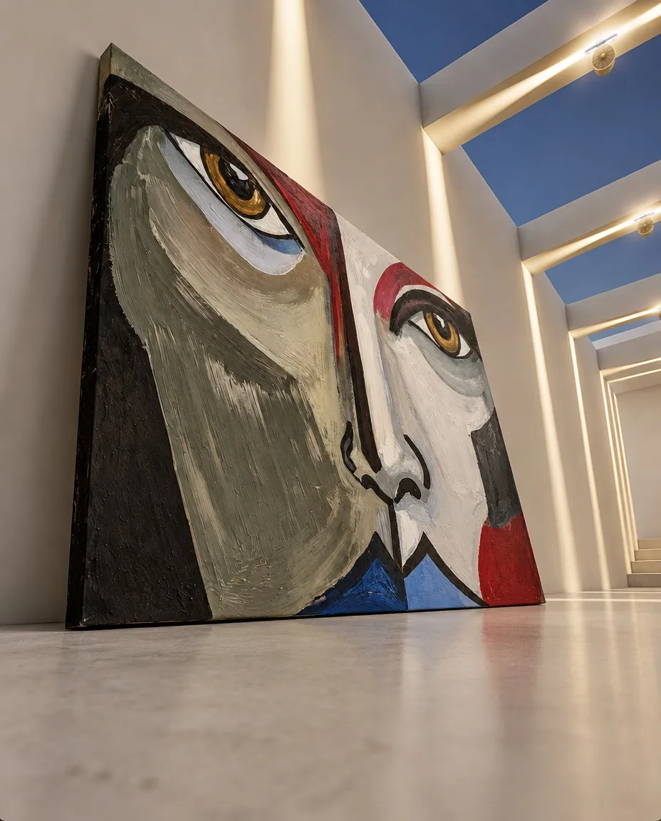 Frontal painting of a vertically divided face, with two amber eyes, one greyish-green half and one white half, crimson accents and blue blocks at the base.
