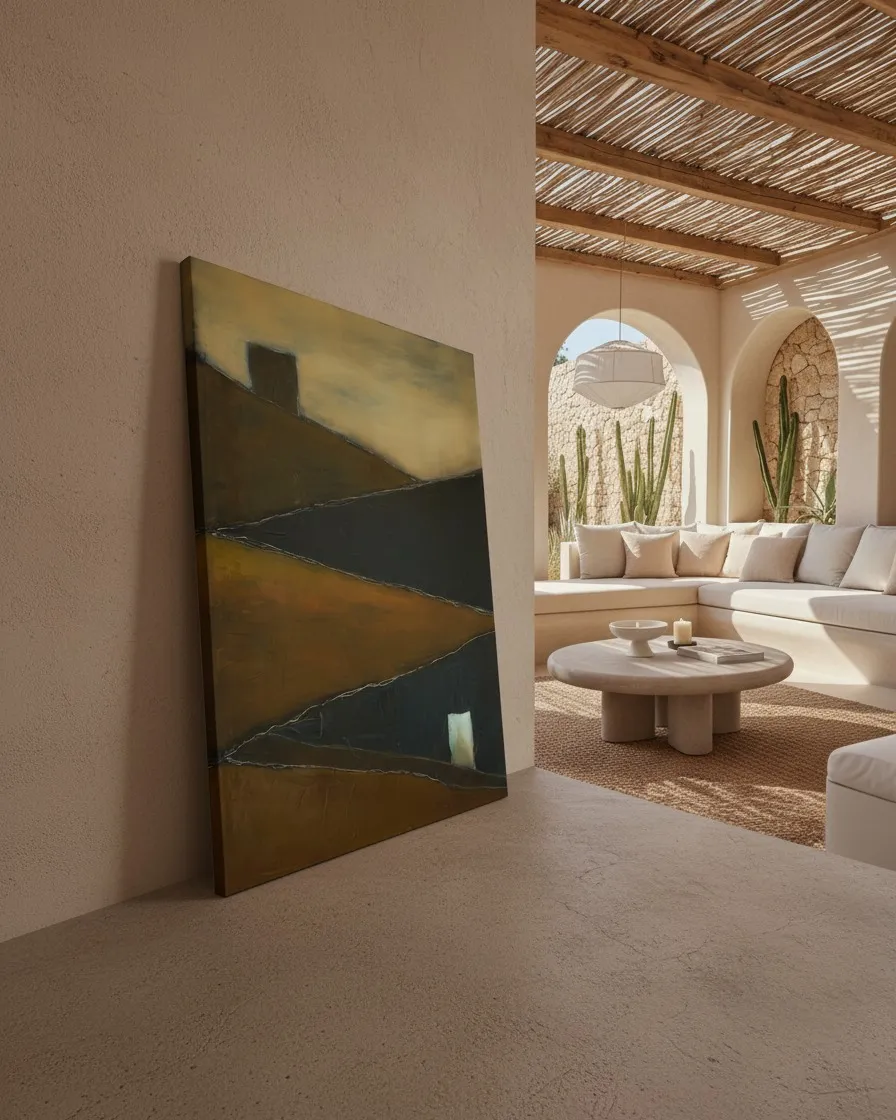 La obra de arte abstracto TENSUM apoyada en el suelo de un salón minimalista de arquitectura orgánica, con arcos y cactus visibles al fondo.