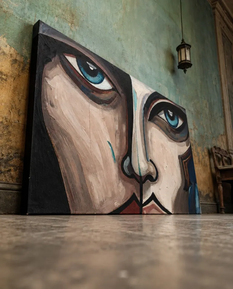 Vista lateral de CUTIS de Maurizio Valch apoyada junto a una pared verde envejecida; se aprecia el espesor del lienzo y el rostro de ojos azules.