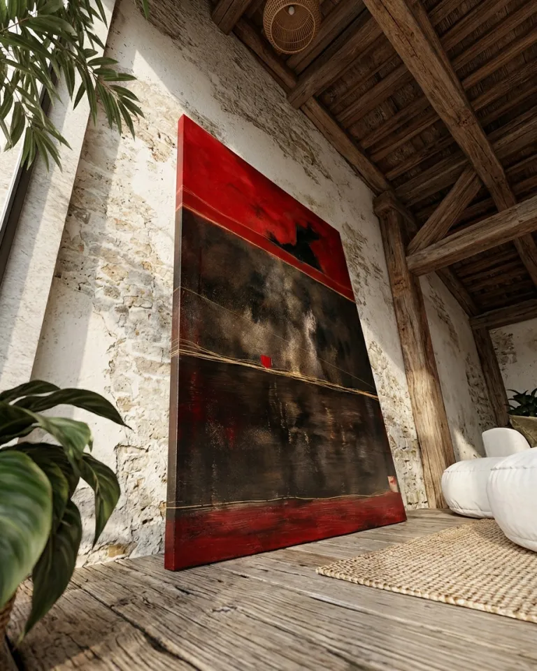 The painting 'Un solo paso en la ceniza' leaning on the wooden floor of a rustic living room with exposed ceiling beams, plants, and light-colored textured stone walls.