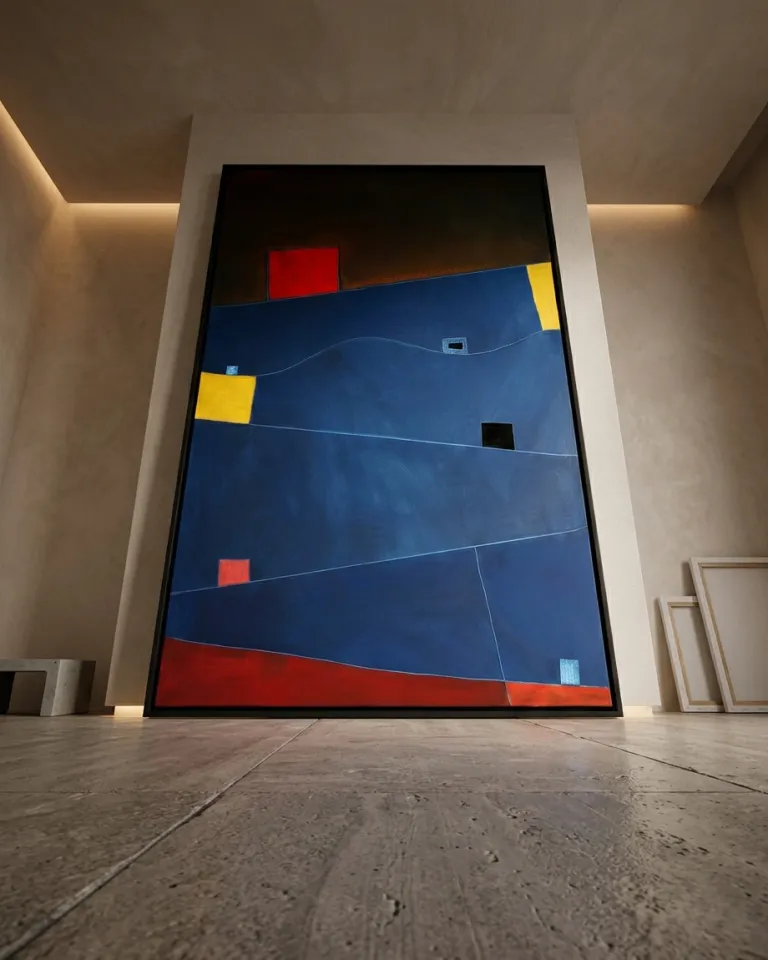 A low-angle shot of a vertical abstract painting leaning on a stone floor against a neutral-toned plaster column. The canvas features a large blue surface divided by thin lines, with red and yellow blocks at the outer edges. To the right, two empty wooden stretchers rest in the shadows.