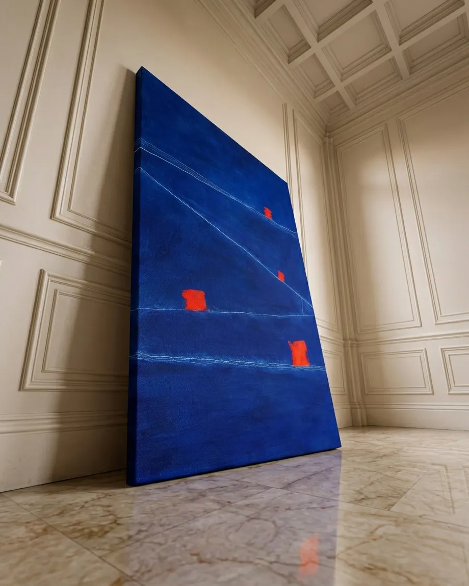 Perspectiva de la obra de arte SUBMERSA de Maurizio Valch apoyada sobre un suelo pulido de mármol en una habitación con molduras de estilo neoclásico.