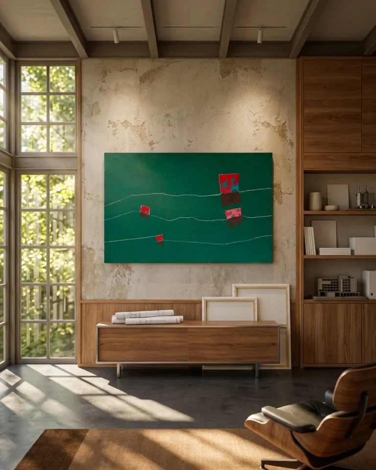 Horizontal abstract painting featuring a dominant dark green background. Three red rectangular forms with blue accents are arranged asymmetrically, with darker reflections below them. Two thin, wavy white lines cross the canvas. The artwork is displayed in a modern interior with a textured wall, wooden beams, and large windows.