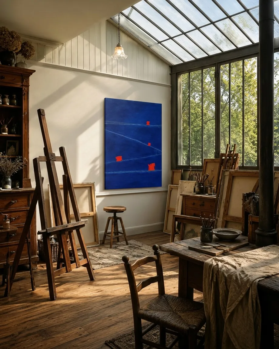 Pintura abstracta vertical de Maurizio Valch dominada por un azul profundo. Presenta varias formas cuadrangulares irregulares de color rojo vibrante distribuidas en el centro, y finas líneas blancas que atraviesan el lienzo. La superficie exhibe sutiles texturas y veladuras. La obra se exhibe en un estudio luminoso con techos de cristal, junto a caballetes y materiales de artista.