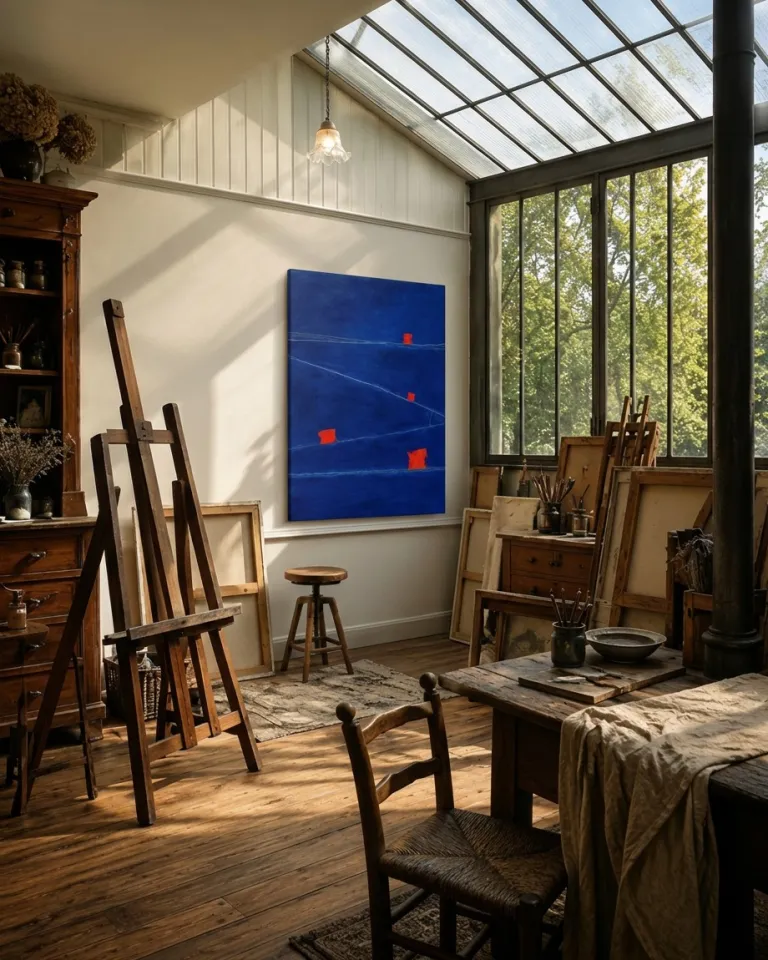 Vertical abstract painting by Maurizio Valch, dominated by deep blue. It features several irregular quadrangular forms in vibrant crimson distributed in the center, and fine white lines crossing the canvas. The surface exhibits subtle textures and glazes. The artwork is displayed in a bright studio with glass ceilings, alongside easels and artist materials.