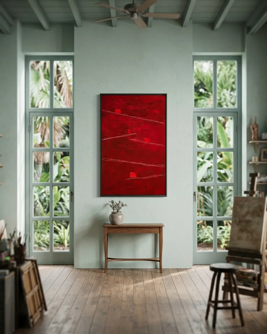 Vertical abstract painting titled "STRATA IV — DECLIVIS" by Maurizio Valch, in a bright studio. It features an intense red field with white incisions and crimson rectangular blocks. The artwork hangs above a wooden console table, between two large French windows overlooking lush greenery.