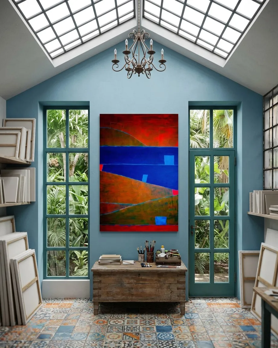 A vertical abstract painting installed between two studio windows under a skylight. The canvas features diagonal bands of crimson red, cobalt blue, ochre, and earth green. Fine incised turquoise lines divide the color fields, and three isolated light-blue blocks rest on the inclined planes.