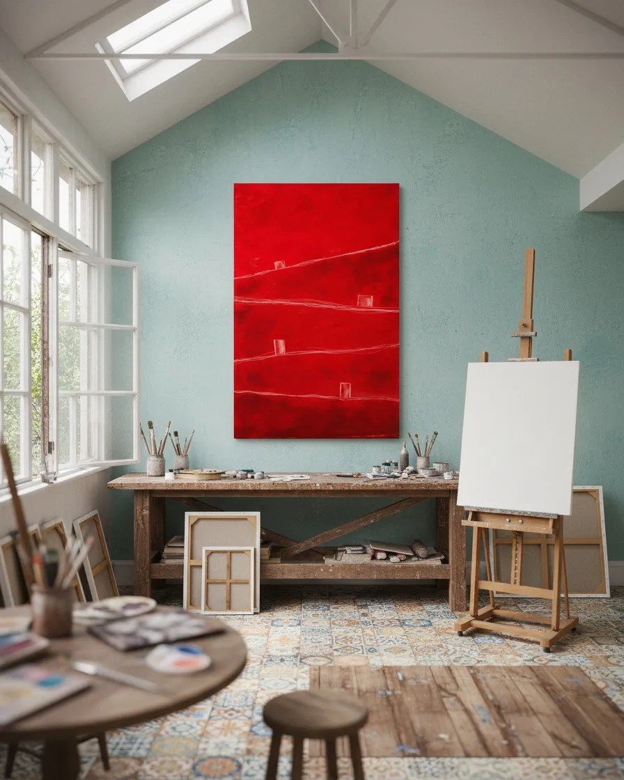 Front view of a bright artist's studio with gables and skylights. Centered on a soft mint green wall hangs a vertical red canvas featuring fine horizontal white lines and small white geometric blocks. Below, a rustic wooden workbench holds brushes and studio materials. To the right, a wooden easel displays a blank white canvas. In the foreground, a round wooden table with paint palettes is softly out of focus.