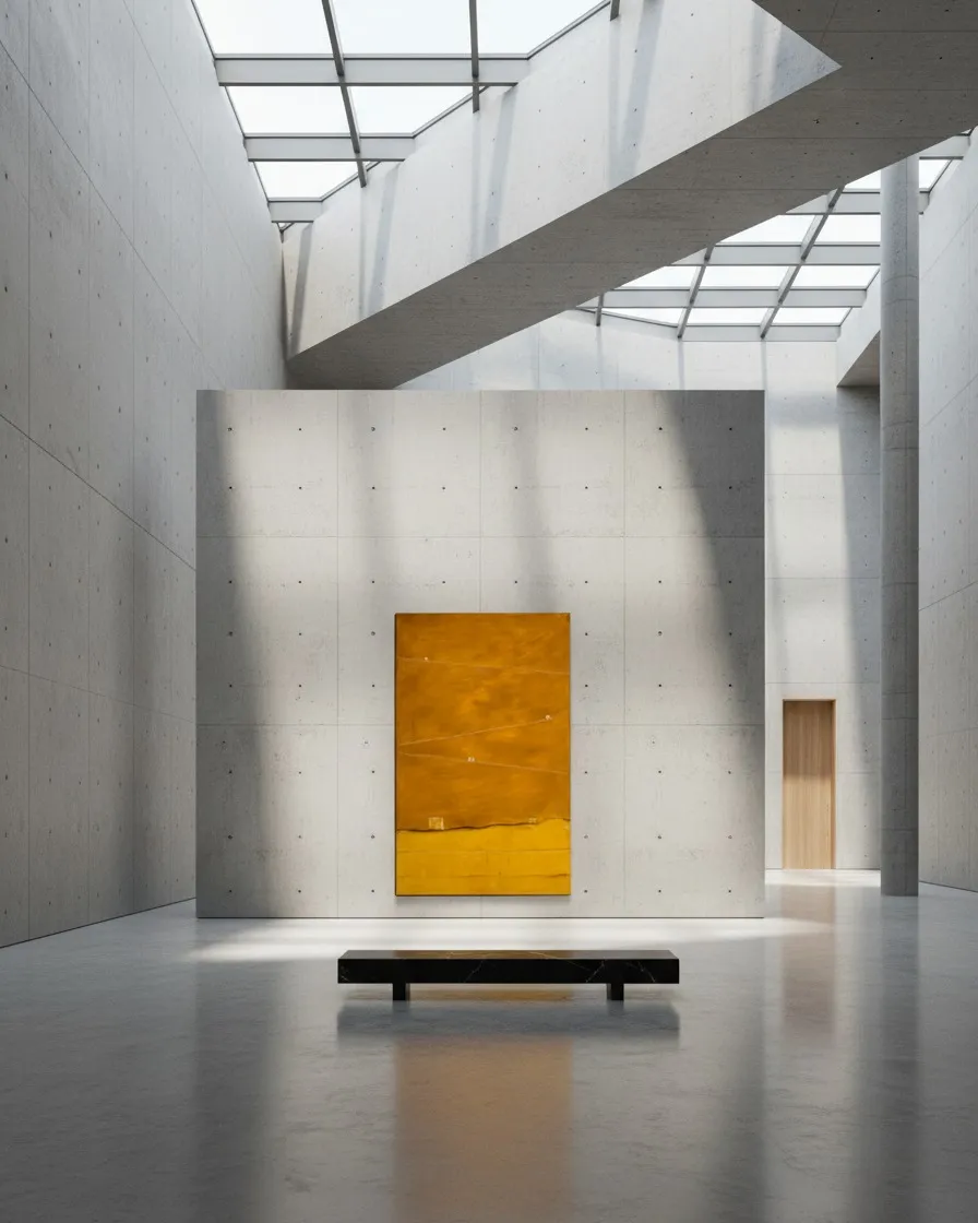 Pintura abstracta vertical expuesta en una sala de galería minimalista con paredes de hormigón y luz natural cenital.