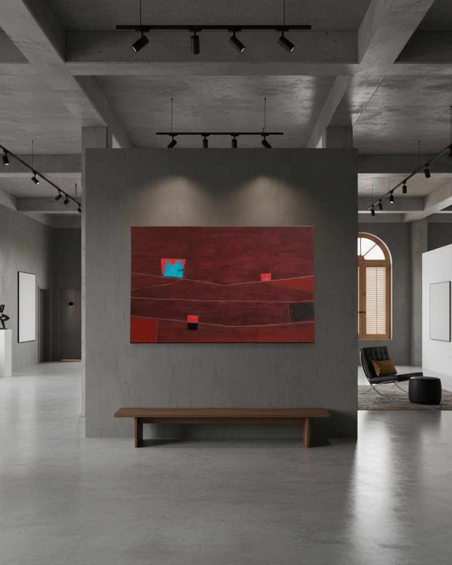 A large abstract painting by Maurizio Valch titled 'Deep Crimson, Segmented Forms' hangs on a concrete wall in a contemporary art gallery. The painting features a deep reddish-brown background with horizontal incised lines and geometric blocks of turquoise-blue, red, and black. A minimalist wooden bench is placed before the artwork, and the gallery features exposed concrete, track lighting, and a distant arched window.