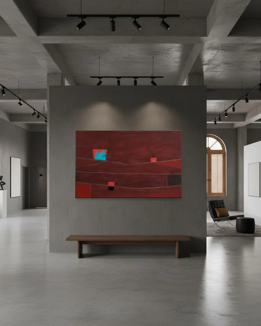 La pintura abstracta carmesi FISSURA colgada en el centro de una columna de hormigon visto sobre un banco de madera en un salon moderno brutalista.