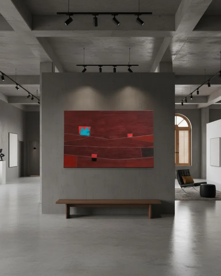 Pintura abstracta de Maurizio Valch, STRATA XIII — FISSURA, con un campo granate oscuro y líneas blancas incisas. Incluye bloques en turquesa, rojo anaranjado y negro. La obra, de formato horizontal, está colgada en una galería moderna sobre un muro de hormigón, iluminada por focos. Delante hay un banco de madera. A la derecha, un arco con celosías.