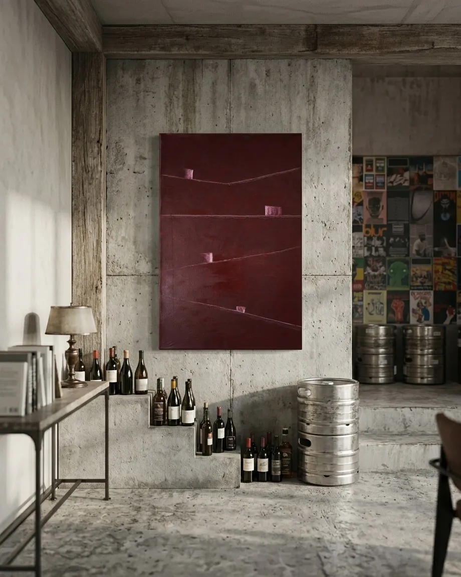 Vertical abstract painting in dark crimson tones with incised horizontal lines and raised rectangular forms, hanging on a concrete wall. Wooden beams and wine bottles on concrete shelves are visible.