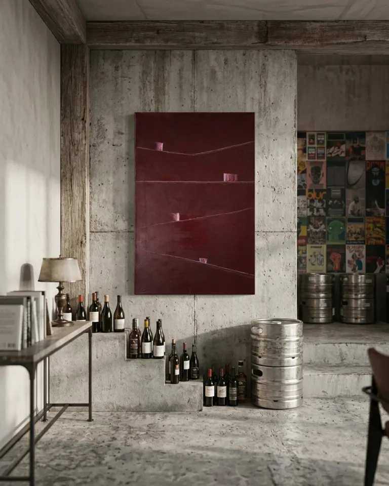 Vertical abstract painting in dark crimson tones with incised horizontal lines and raised rectangular forms, hanging on a concrete wall. Wooden beams and wine bottles on concrete shelves are visible.