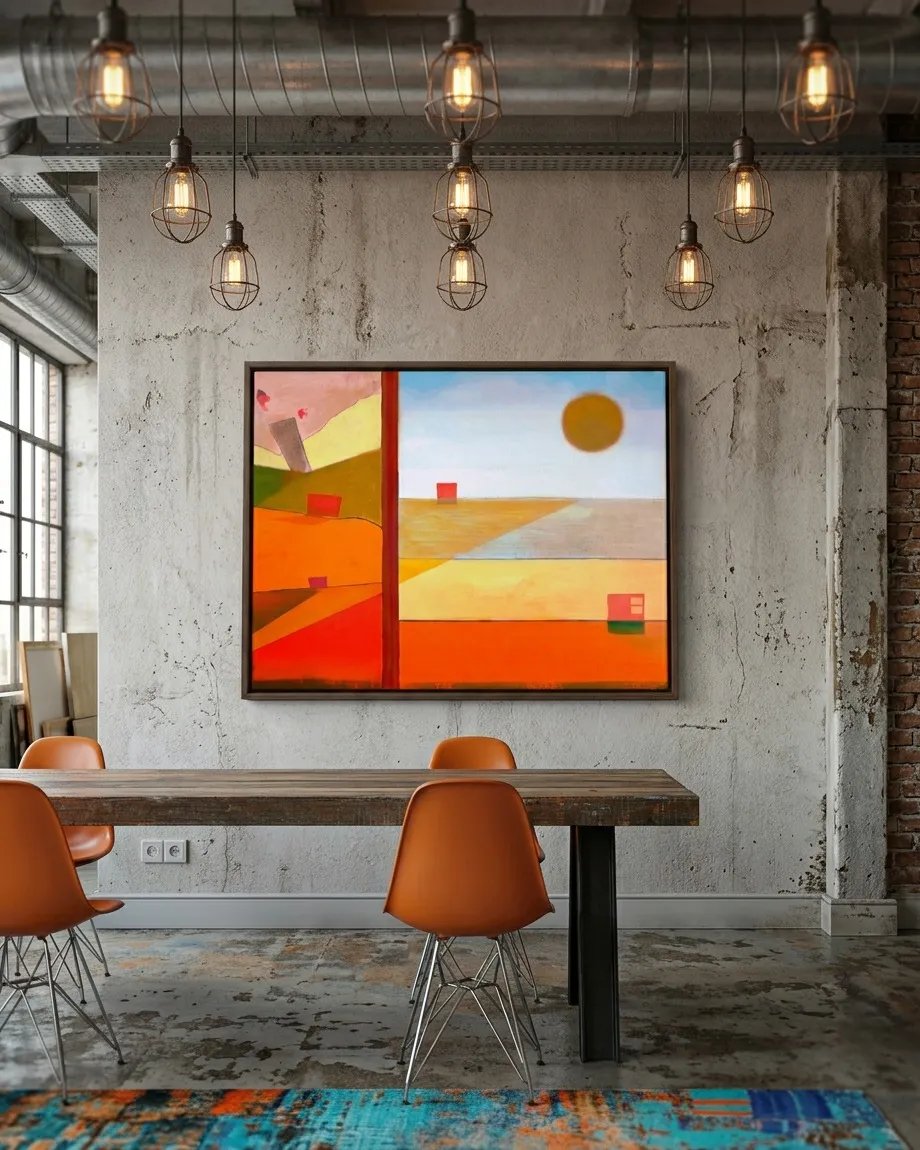 Abstract painting "SOL DIVISUS" by Maurizio Valch, displayed on a light concrete wall in a modern loft. The artwork features a vertically divided composition with dominant orange, red, and blue color fields, a central yellow sun-like form, and red rectangular elements. The loft includes industrial pendant lighting and a wooden table with orange chairs.
