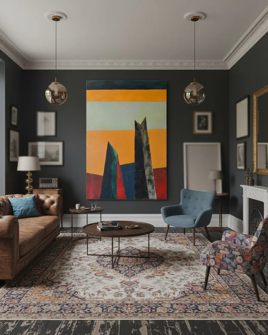 Contemporary abstract painting by Maurizio Valch, "CUSTODES", featuring dark monolithic forms against a vibrant orange field. Acrylic and oil on canvas, portrait orientation. Displayed in a dark-walled living room with modern and classic furniture, lit by ambient light.