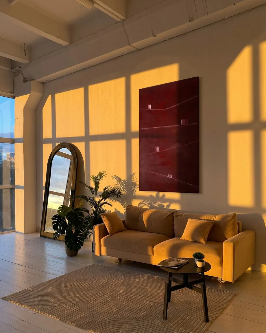 Pintura abstracta VESTIGIA colgada en la pared de un salón moderno iluminado por la luz dorada de un atardecer, sobre un sofá beige.