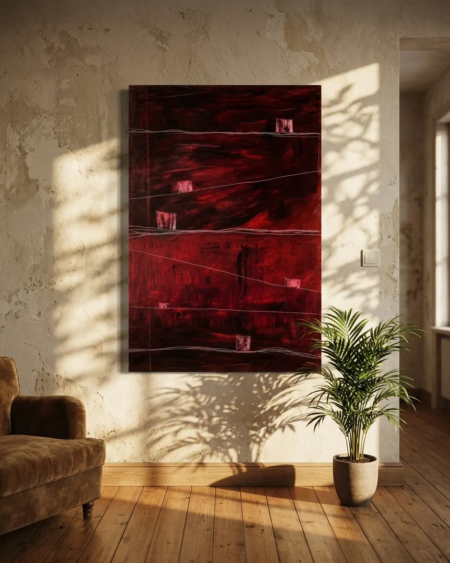 Vertical painting DISPERSA hung on a distressed plaster wall with leaf shadows, next to an ochre armchair and an indoor plant in a minimalist living room.