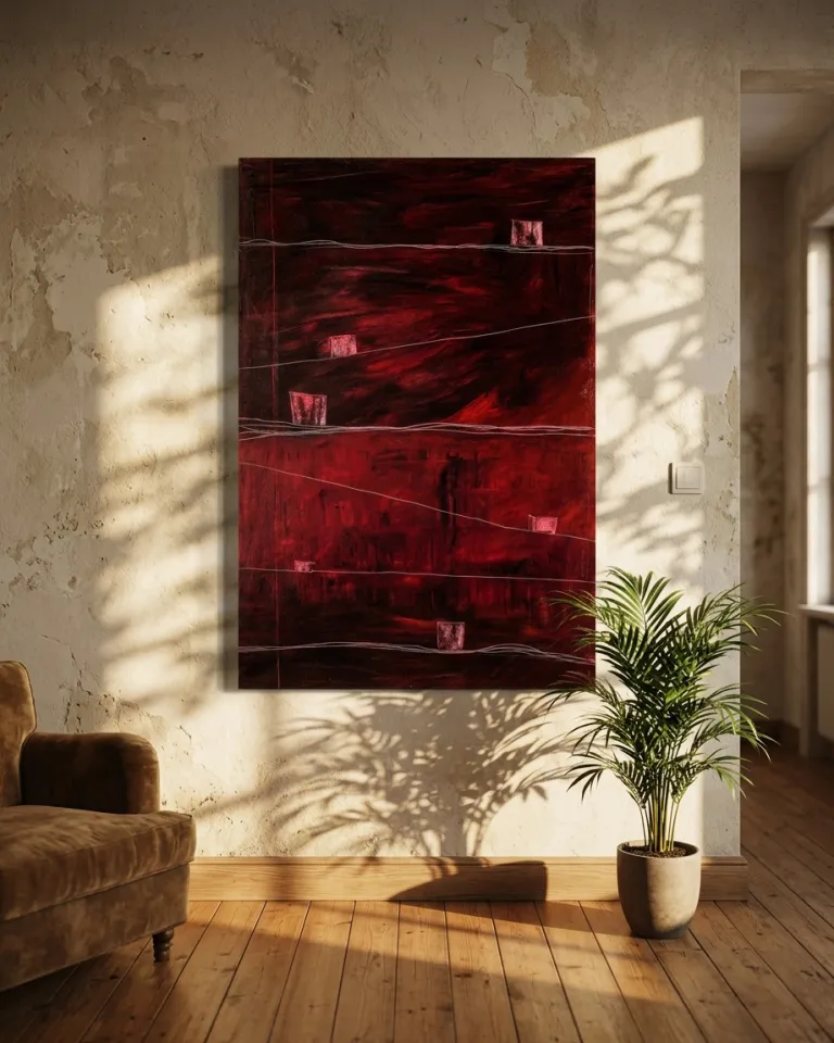 Vertical abstract painting in dark red, crimson, and black tones with prominent surface texture. Thin, undulating white or light gray horizontal lines cross the canvas. Small, textured squares in a paler red are irregularly dispersed between the lines. The composition is predominantly red and dark, with structural elements.