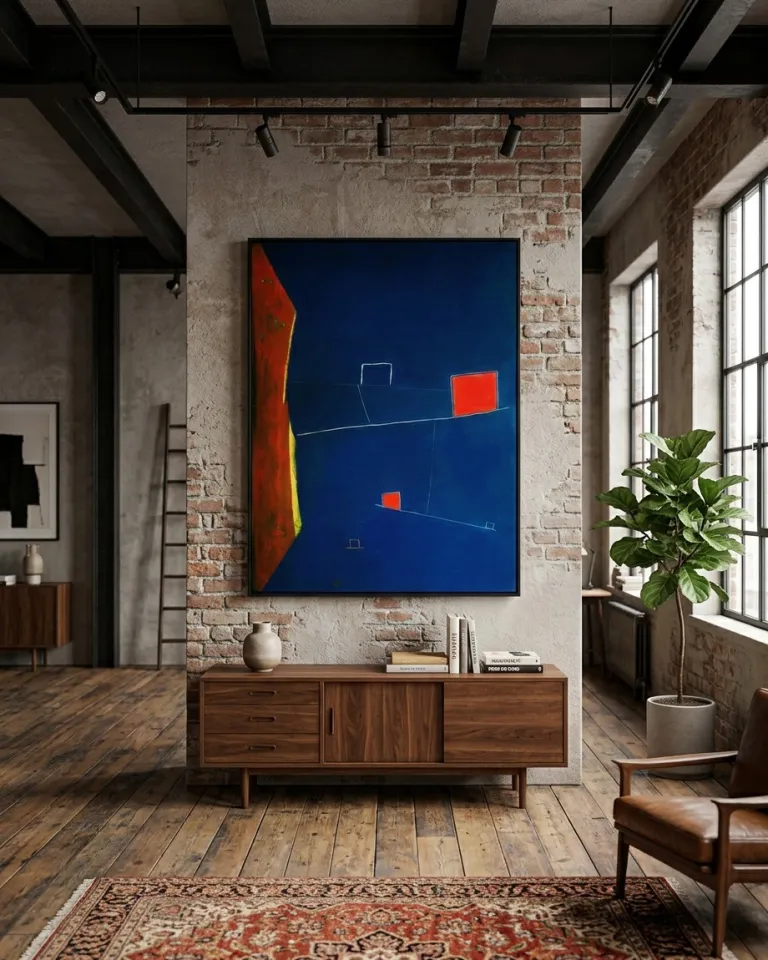 A vertical abstract painting is installed on an exposed brick column in a modern industrial loft. The canvas features a deep cobalt blue background with a textured rust-orange block on the left edge and two red squares supported by thin white lines in the center. Below, a low wooden sideboard and dark wood floorboards anchor the space, which is illuminated by natural light from side windows.