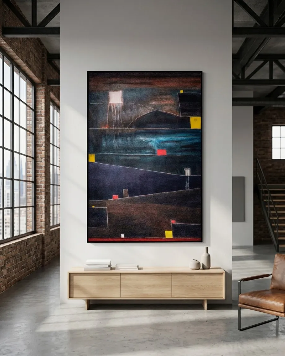 Vertical abstract painting by Maurizio Valch, dominated by dark blue and brown tones. The composition features strong horizontal divisions, with small rectangular blocks in red, yellow, and white. Incised lines and subtle drips add texture. In the lower right, a tiny ladder ascends towards an opening in a dark plane. The surface is rich with layers and impasto.
