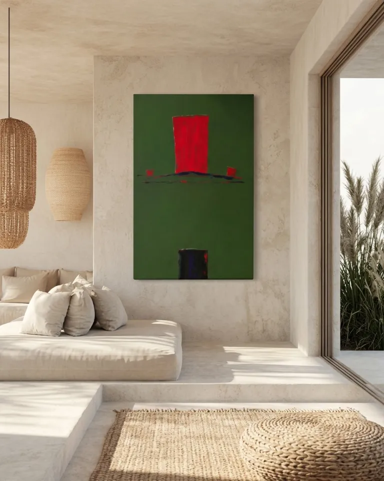 Vertical abstract painting in XL format by Maurizio Valch. It features a large dark green field with a dominant rectangular red block in the center. Small red forms are visible on a dark horizontal band, with a darker block anchoring the base.