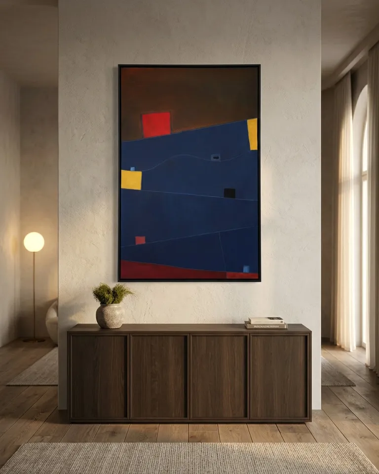 A vertical abstract painting hanging on a textured beige wall above a dark wood credenza in a softly lit room. The artwork features a large blue central field with thin lines, a dark brown upper band with a red square, and yellow blocks on the side edges.
