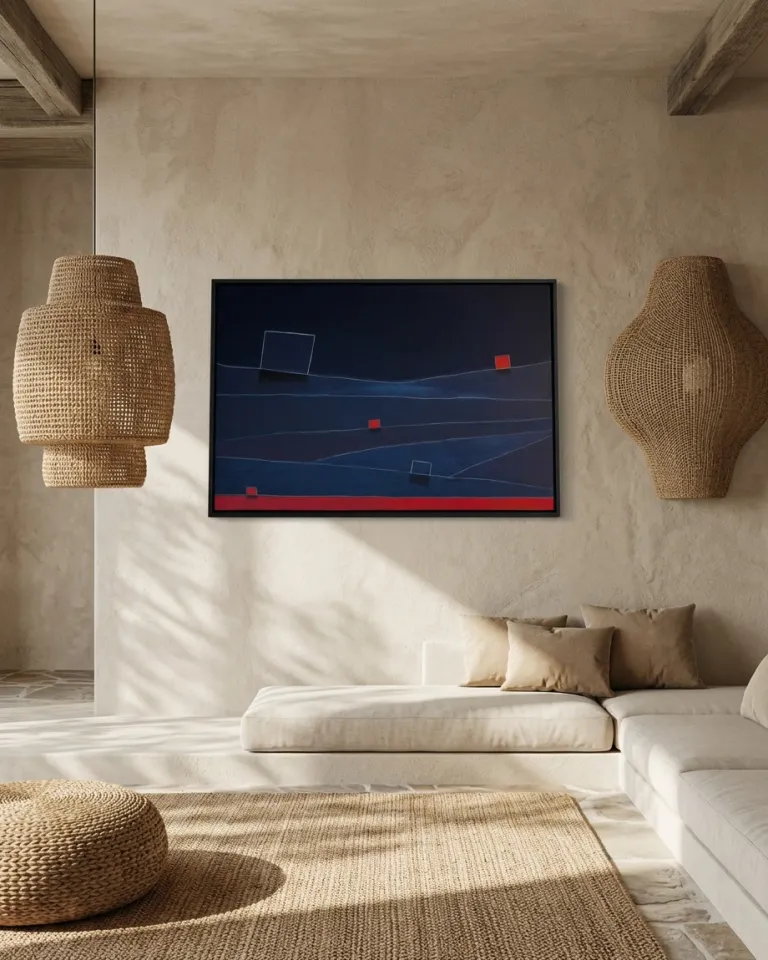 Photograph of a minimalist interior featuring a horizontal abstract painting hanging above a low beige sofa. The artwork has a dark blue background divided by thin horizontal white lines, small red squares, white outlines, and a red band at the bottom. Two large woven fiber lamps flank the piece on a rustic plaster wall illuminated by diagonal sunlight.