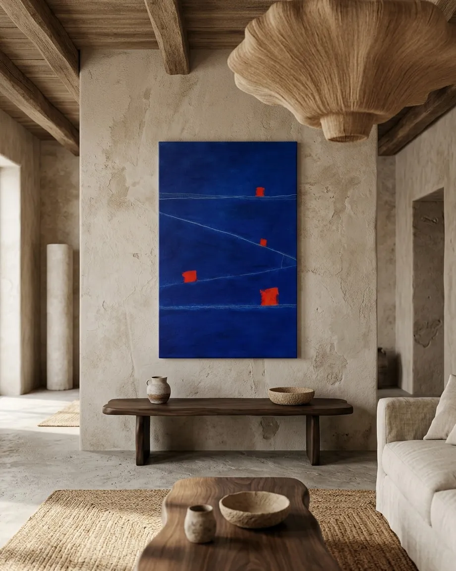 Vista frontal del cuadro azul SUBMERSA de Maurizio Valch colgado simetricamente sobre un banco de madera rustica en un salon calido y minimalista.