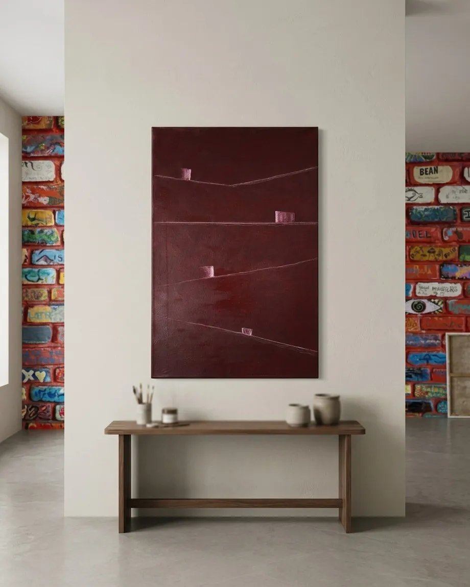 Vertical abstract painting by Maurizio Valch. Dark red background with four lighter rectangular blocks and several fine incised lines. The surface features a rich material texture.