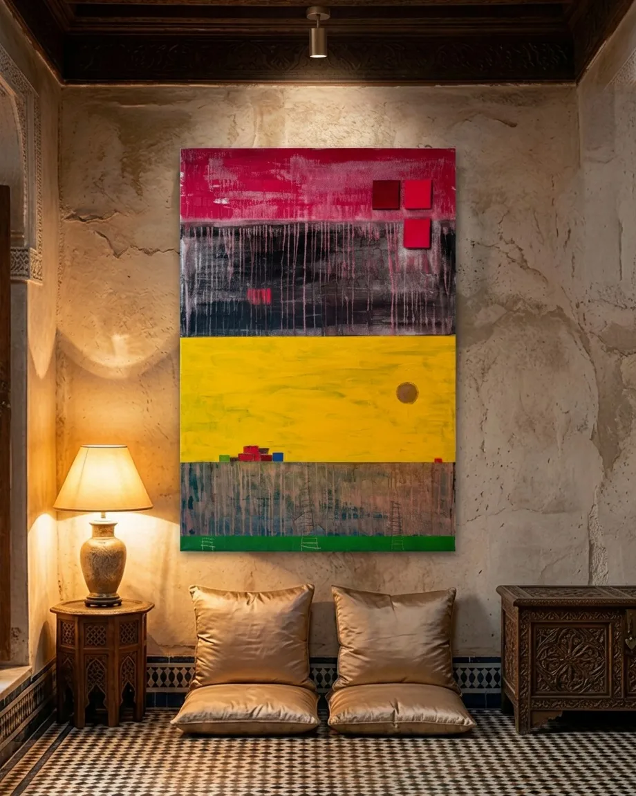 Vertical abstract painting 'INTERVALLUM' by Maurizio Valch in a traditional interior corner. The artwork features horizontal bands of intense red, black, and luminous yellow, with three-dimensional elements and incised marks. The wall is textured plaster and the ceiling is carved wood. A spotlight illuminates the piece, and a nearby table lamp adds warmth.