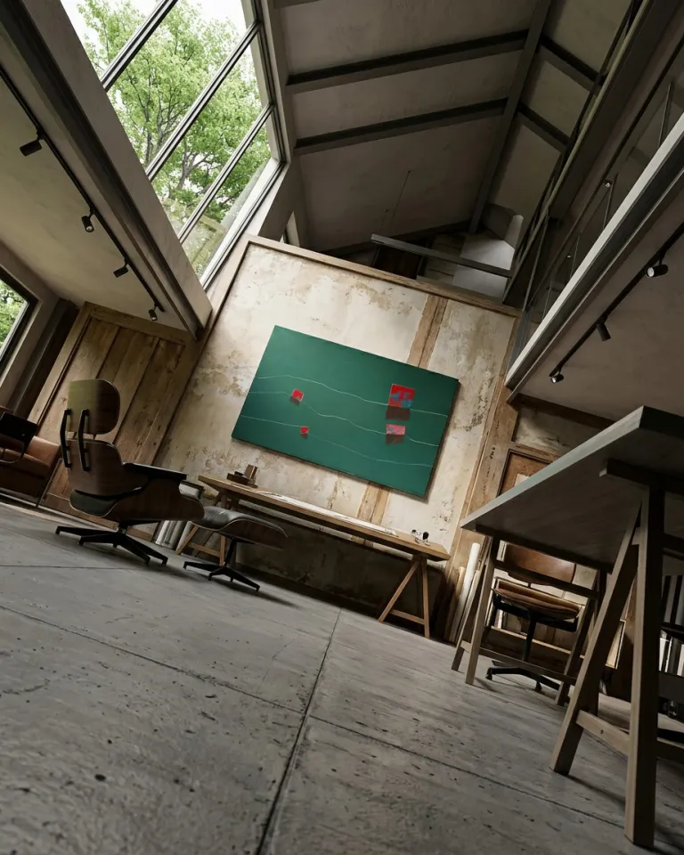 Horizontal abstract painting with a dominant dark green field. It features rectangular red blocks with blue accents and their dark reflections, over which two wavy white lines traverse the canvas.