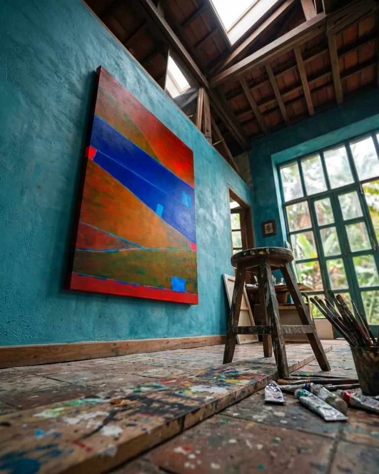 Fotografía en contrapicado extremo desde el suelo de un taller, mostrando una pintura vertical con campos de color azul, rojo y ocre en un muro turquesa. En primer plano, un taburete de madera, pinceles y tubos de óleo reposan sobre tablas de madera salpicadas de pintura bajo un tragaluz.
