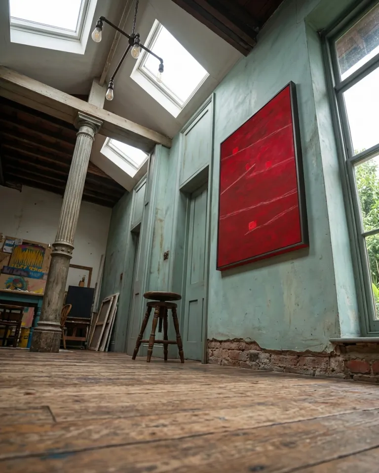 A vertical abstract painting by Maurizio Valch in intense red tones, featuring incised white lines and four saturated red rectangular blocks. It is displayed in an artist's studio with worn greenish-blue walls, a wooden floor, a high ceiling with skylights, and a large window. A column and a wooden stool are visible in the foreground, from a low camera angle.
