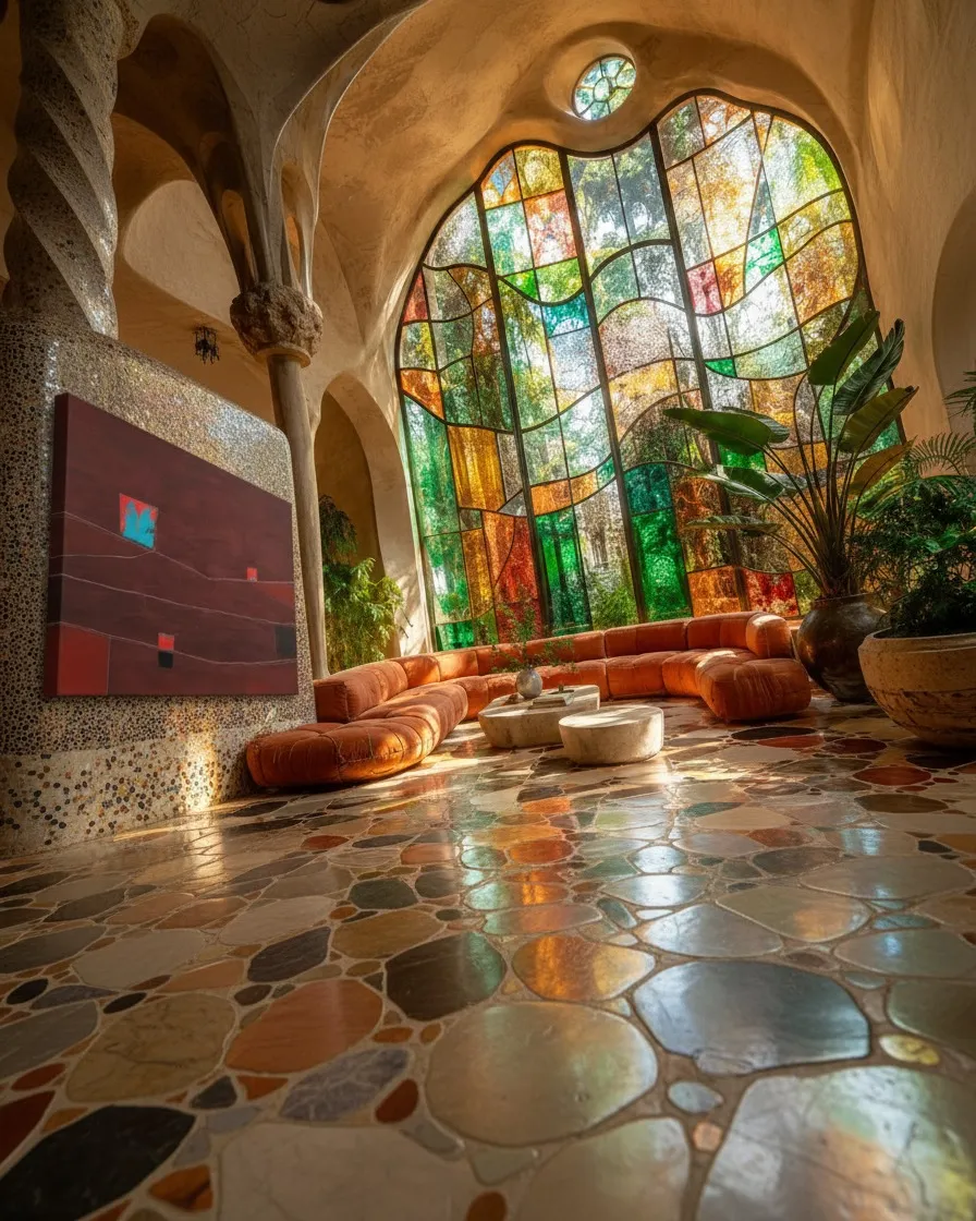 Low perspective of a large hall with a stone mosaic floor, a large colored glass window, and the painting FISSURA on a pillar.