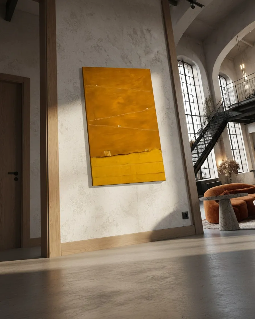 Abstract painting QUINQUE by Maurizio Valch hanging on the wall of an industrial-style living room lit by sunlight.