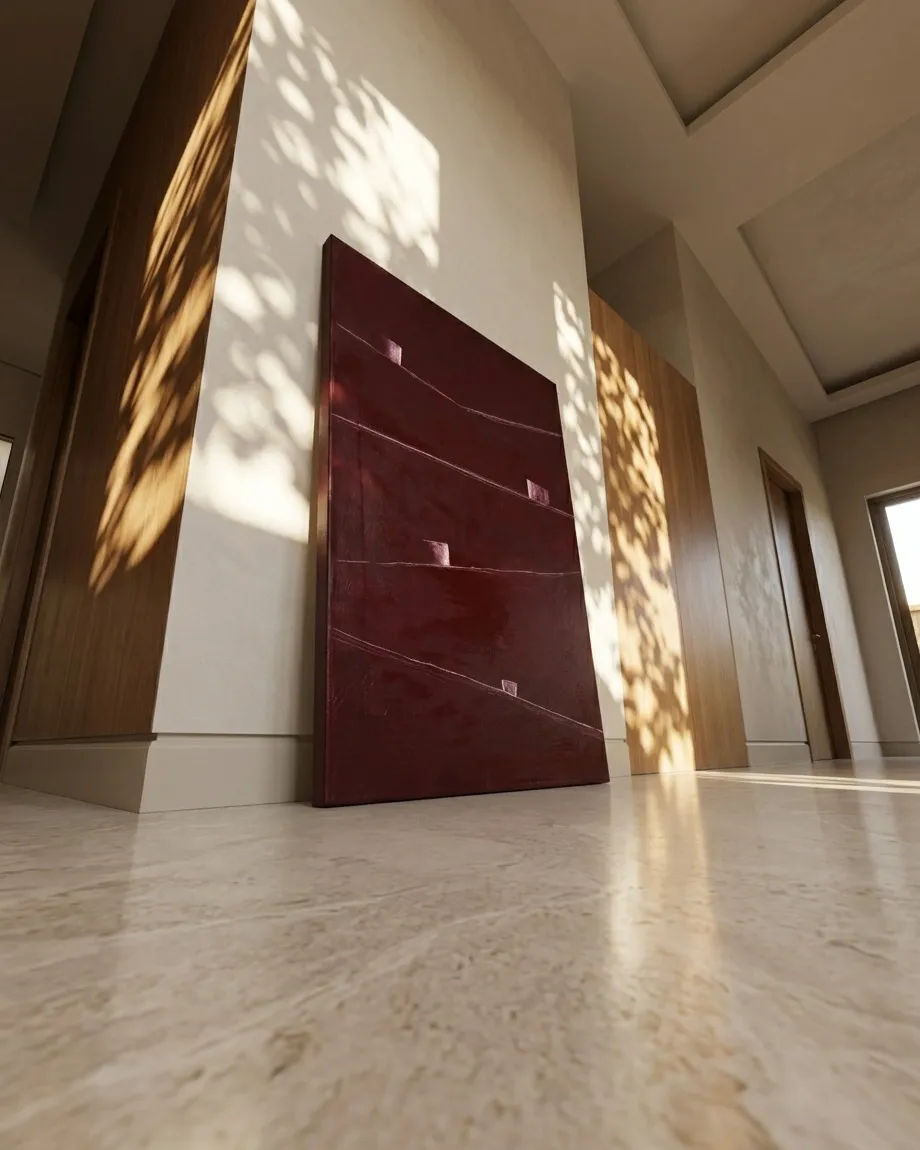 Vertical abstract painting in crimson red tones, leaning against a light-colored wall in a modern interior. The artwork features three horizontal lines and small, raised rectangular forms with a textured surface. Warm light falls across the wall and the canvas.