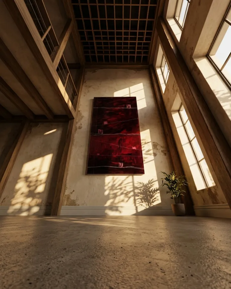 Vertical abstract painting 'STRATA VI — DISPERSA' by Maurizio Valch on a textured wall. Features deep reds, clear incised lines, and subtle quadrangular forms. Warm light from tall windows casts vegetation shadows in a room with exposed wooden beams and a concrete floor.