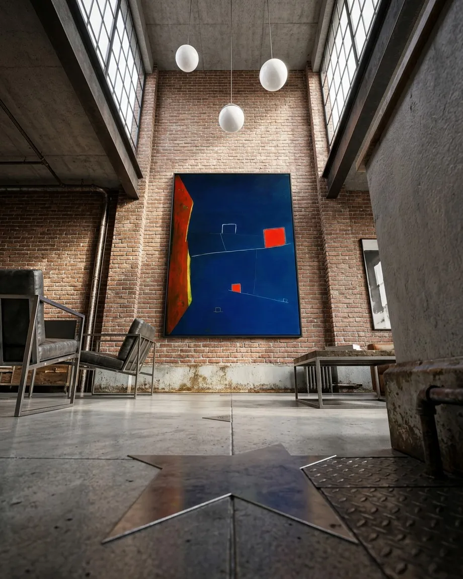 A low-angle photograph from a concrete floor featuring an embedded metal star. In the background, a large vertical abstract painting in deep blue and orange hangs on an exposed brick wall inside a spacious industrial loft with high ceilings, large windows, and pendant lights.